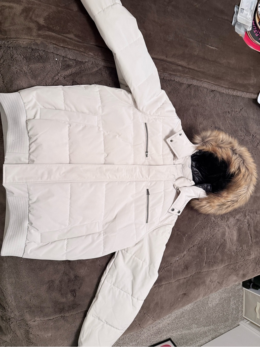 Guess Cream Puffer Jacket with Faux Fur Hood Trim